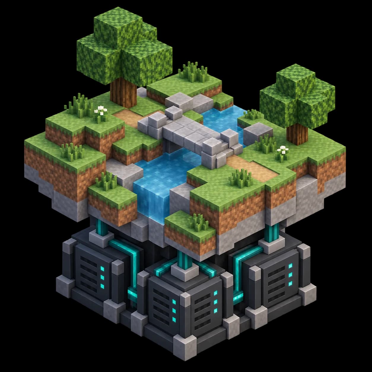 Diorama de Minecraft con un río y un puente sobre infraestructura de servidores.